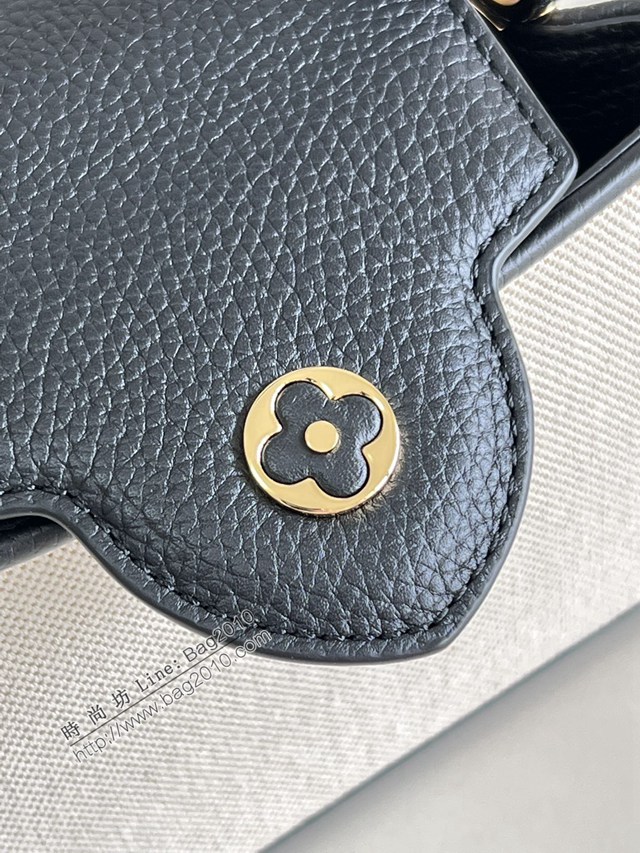LV專櫃2023新款Capucines迷你手袋 M48865黑拼帆布刺繡 路易威登Capucines搭蓋手提肩背女包 dn1125